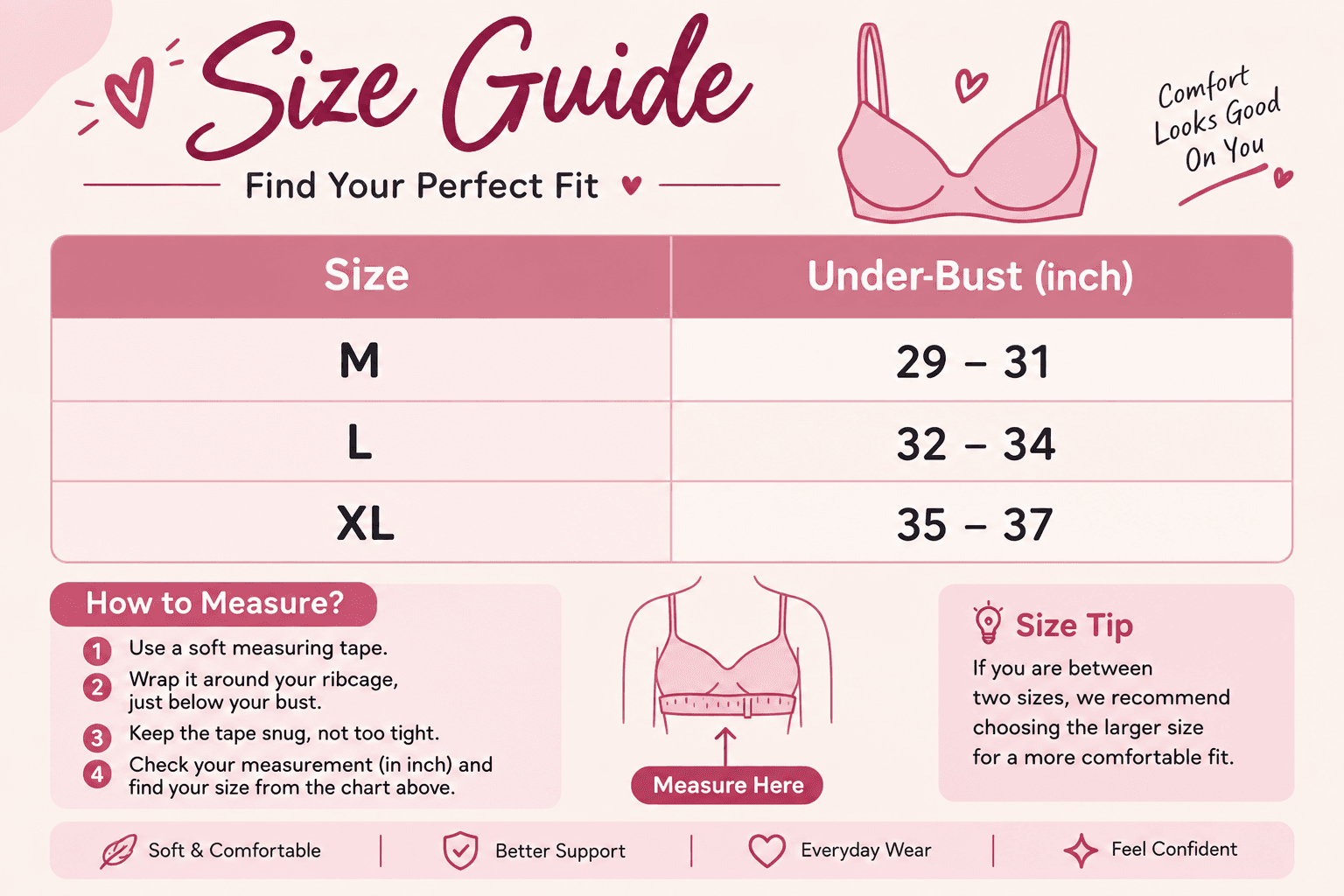 Invisible Lace Wireless Print Bra size guide